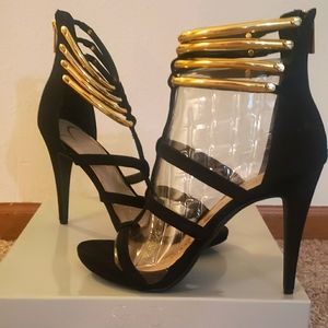 Jessica Simpson Black/Gold Suede Heels, Size 9.5, Neverworn,  Back Zip